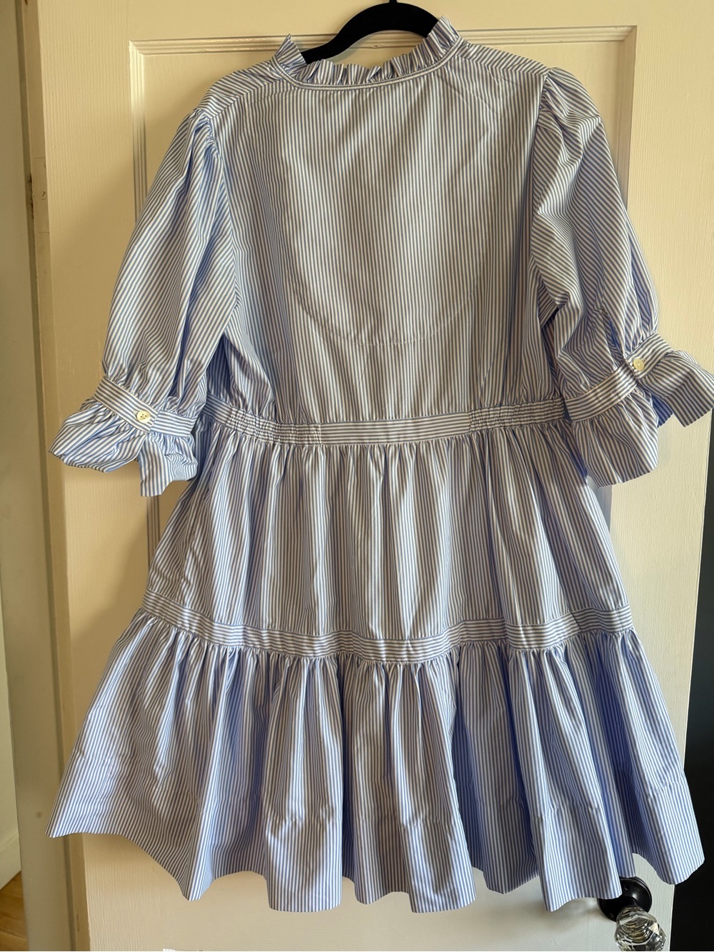 Gretchen Scott Designs Light Blue and White Striped Tiered Dress - Picture 3 of 3